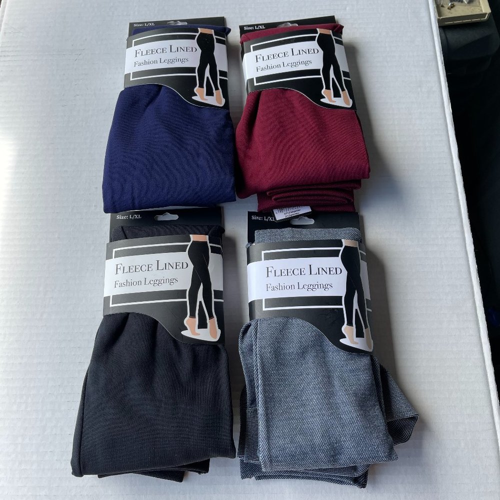 NWT 4 PACK Fleece Lined Leggings L/XL Red Herringbone Black Blue Free Ship/OFFER